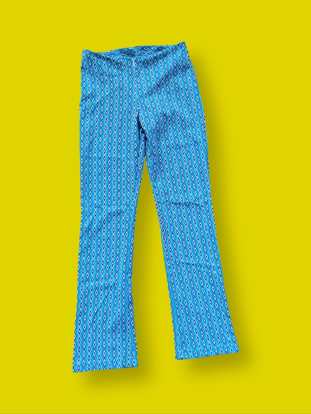Vintage 90s Disco Blue Pattern Bootcut Flare Pants Medium Geometric Print *FLAW*